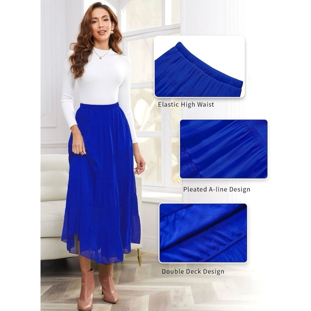 Chiffon Elastic Waist Pleated A-Line Flared Maxi Skirt! - Picture 3 of 4